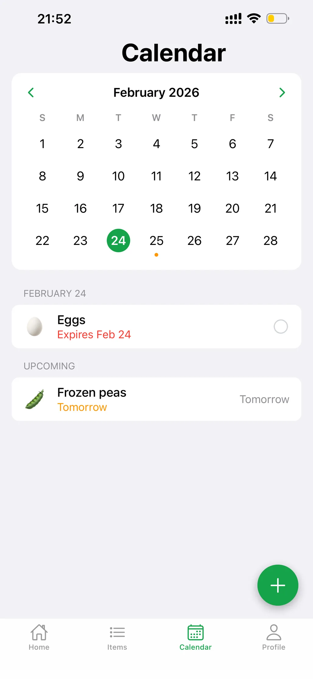 FreshCheck calendar screen for February 2026 with eggs expiring today and frozen peas tomorrow.