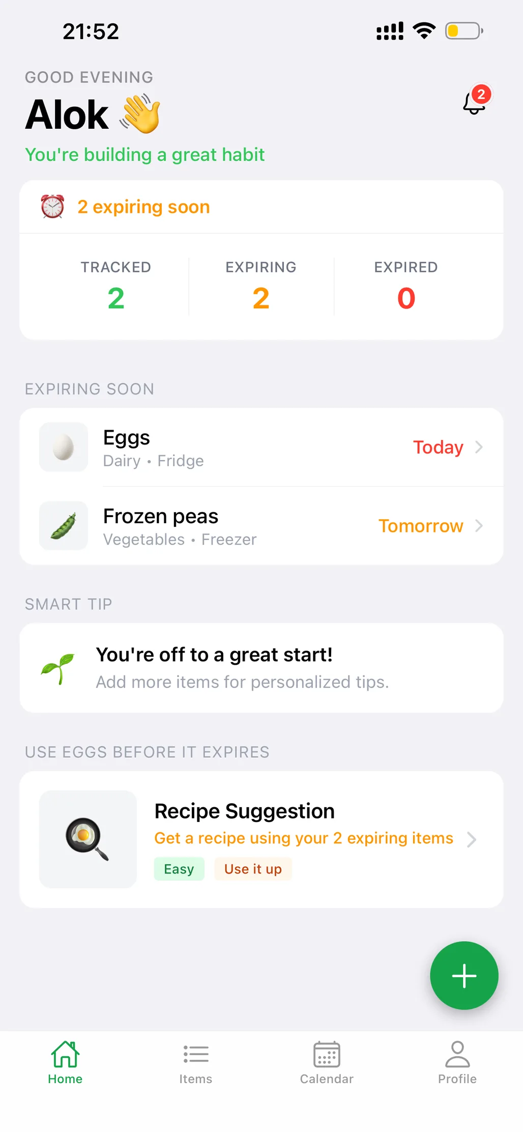FreshCheck home screen showing two tracked items, two expiring soon, and a recipe suggestion.