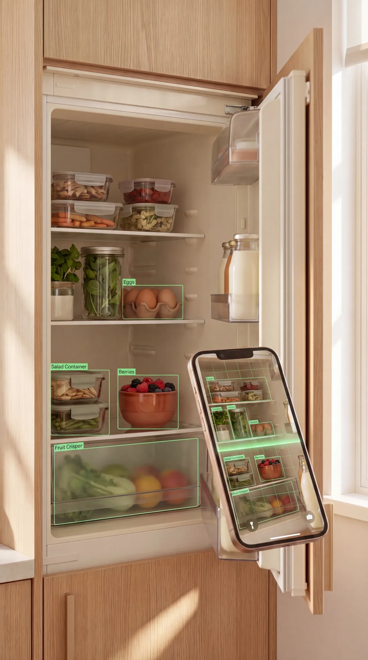 An open fridge with eggs, berries and a salad container outlined by the vision model on a phone.