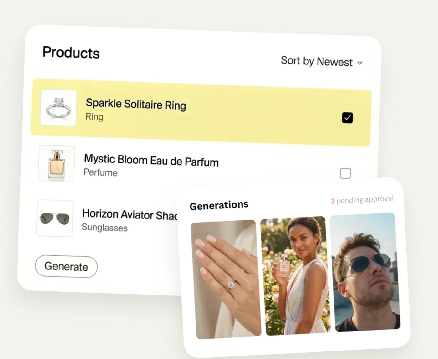 A Flyfox product list with generated images for a ring, a perfume and sunglasses queued for approval.