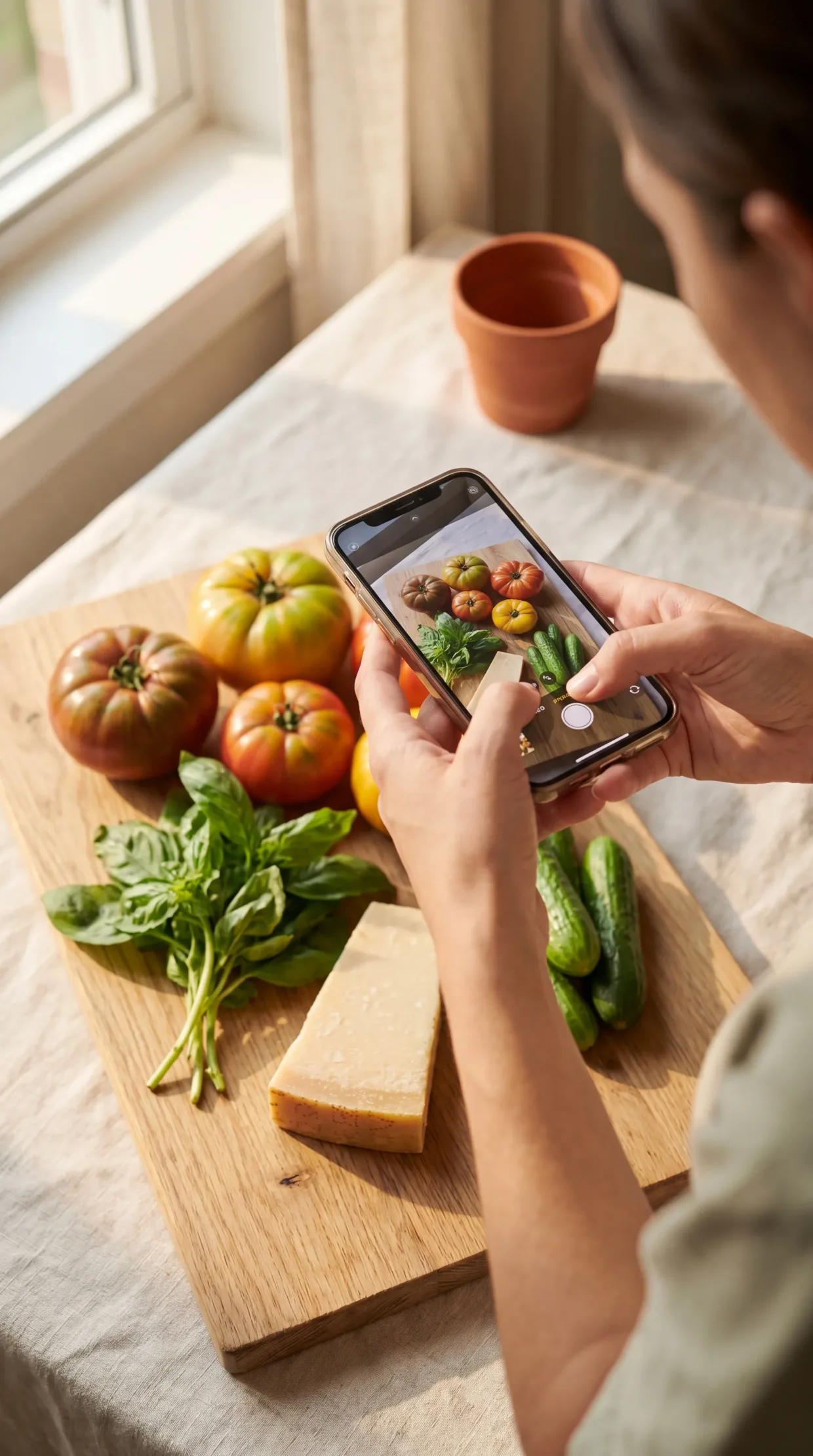 Someone photographing tomatoes, basil and cucumbers on a wooden board with the FreshCheck camera.
